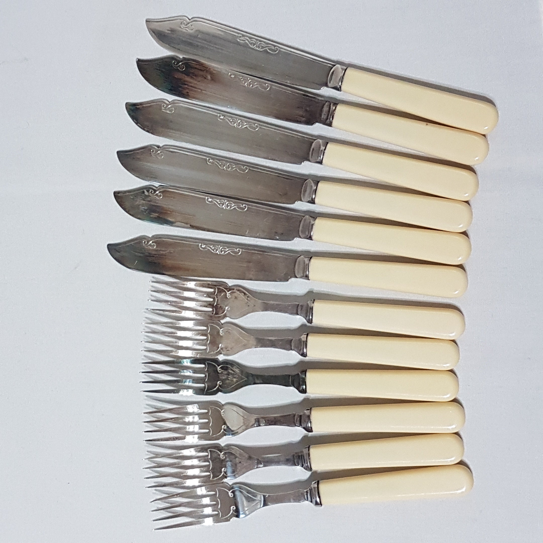 Set of 6 EPNS Fish Knives and Forks, Bone Fish Knife