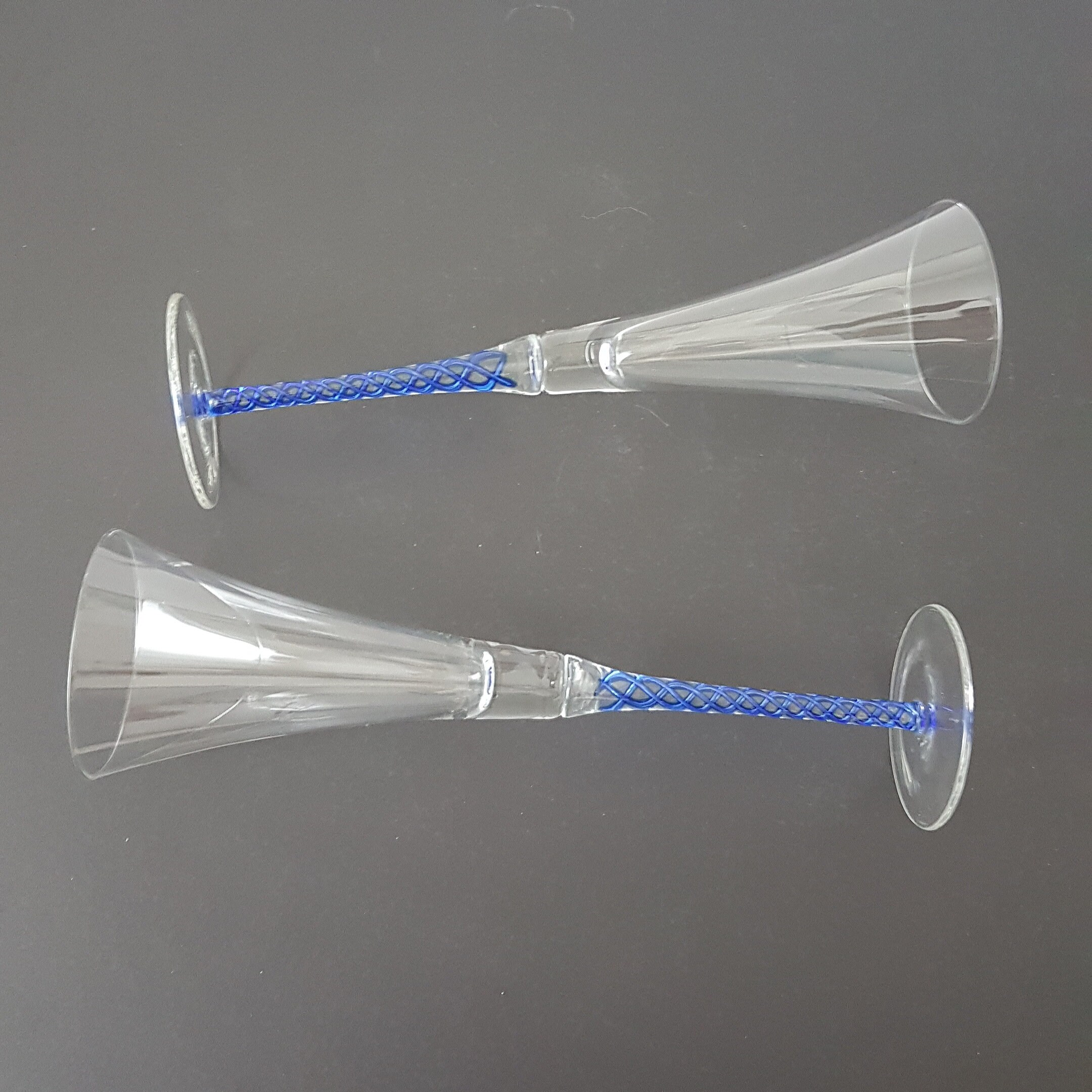 Hand Blown Glass Champagne Flutes with Twisted Blue Stems, Set of 2