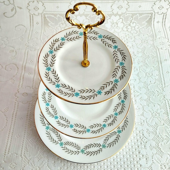 Vintage Bone China Cake Stand: Turquoise Blue Floral Dessert Server