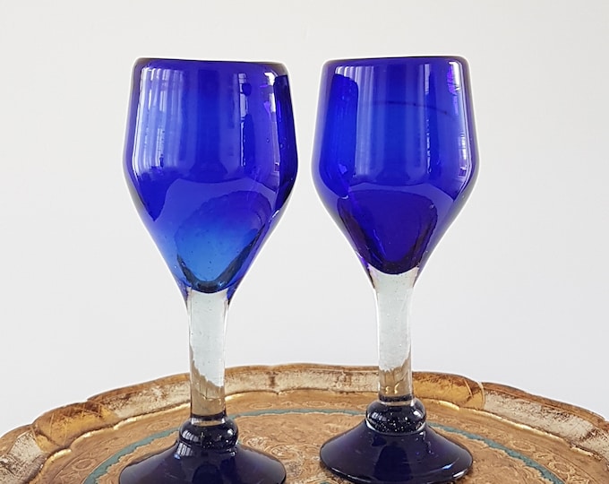 Mexican Blown Glass, Cobalt Blue Wine Glasses with Clear Stem, Set of 2