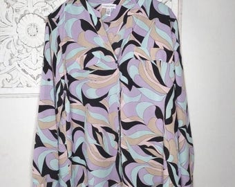 Calvin Klein Pastel Long Sleeve Button Front Printed Chiffon Blouse Size XL