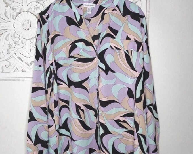 Calvin Klein Pastel Long Sleeve Button Front Printed Chiffon Blouse Size XL