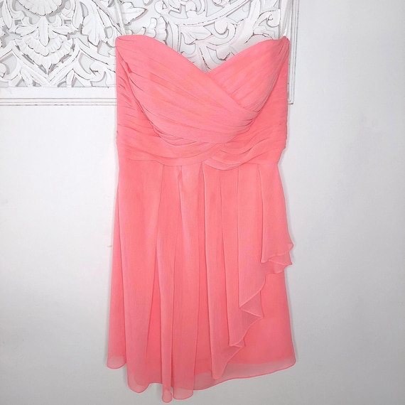 Davids Bridal Coral Chiffon Bridesmaid Dress Strapless Size 14 Front Cascade