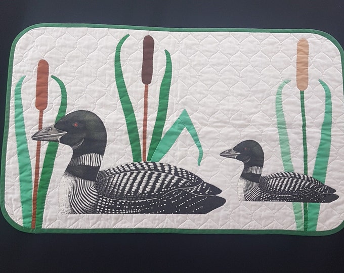 Vintage Canadian Loons Quilted Wall Hanging, Mini Quilted Table Topper, 32 x 20 Inch