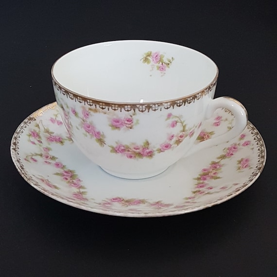 Vintage Bridal Rose Tea Cup & Saucer: 1930s Czechoslovakia Porcelain
