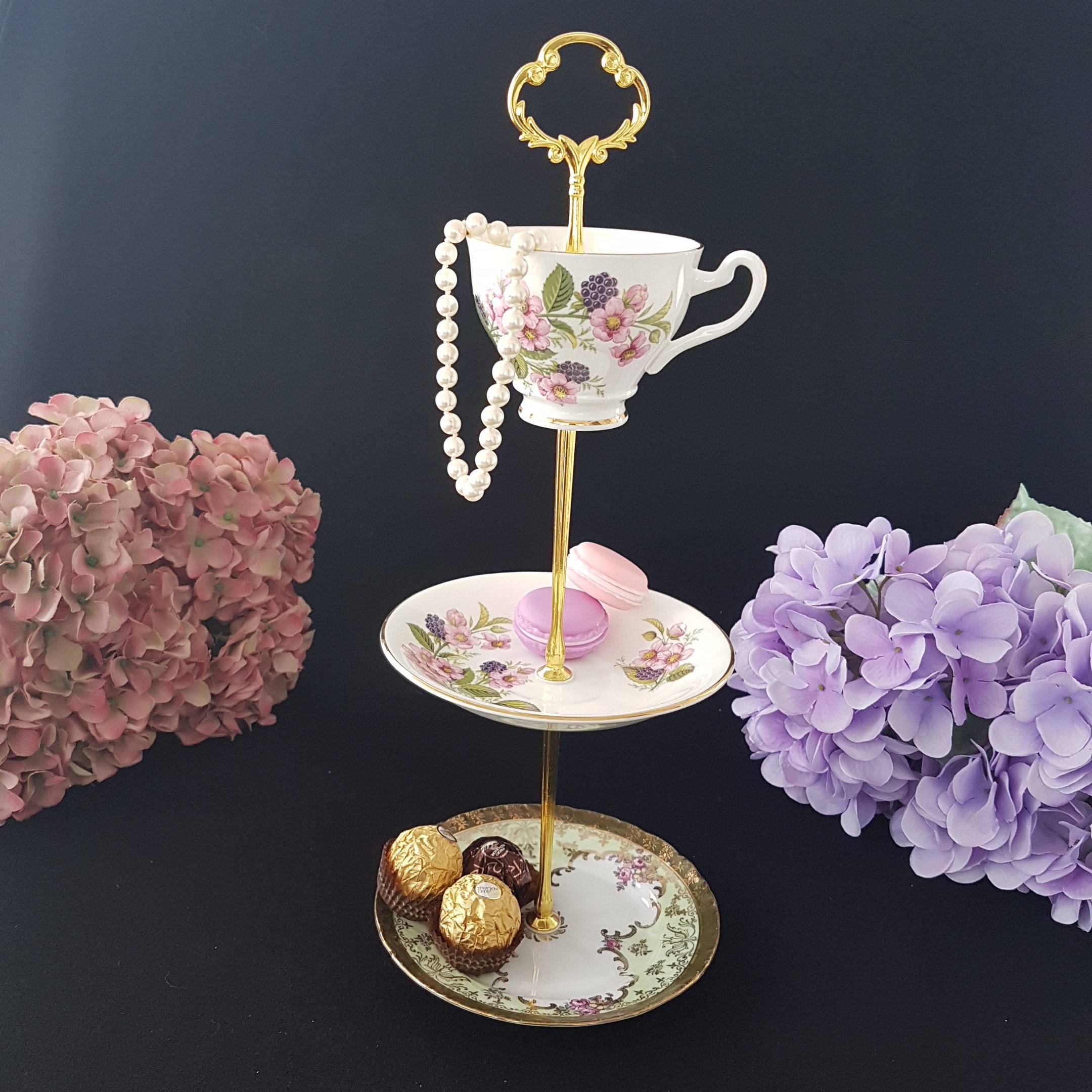 Upcycled Porcelain Tea Cup and Saucer Cake Stand, Small Shabby Chic Tiered Tray, Jewelry Trinket