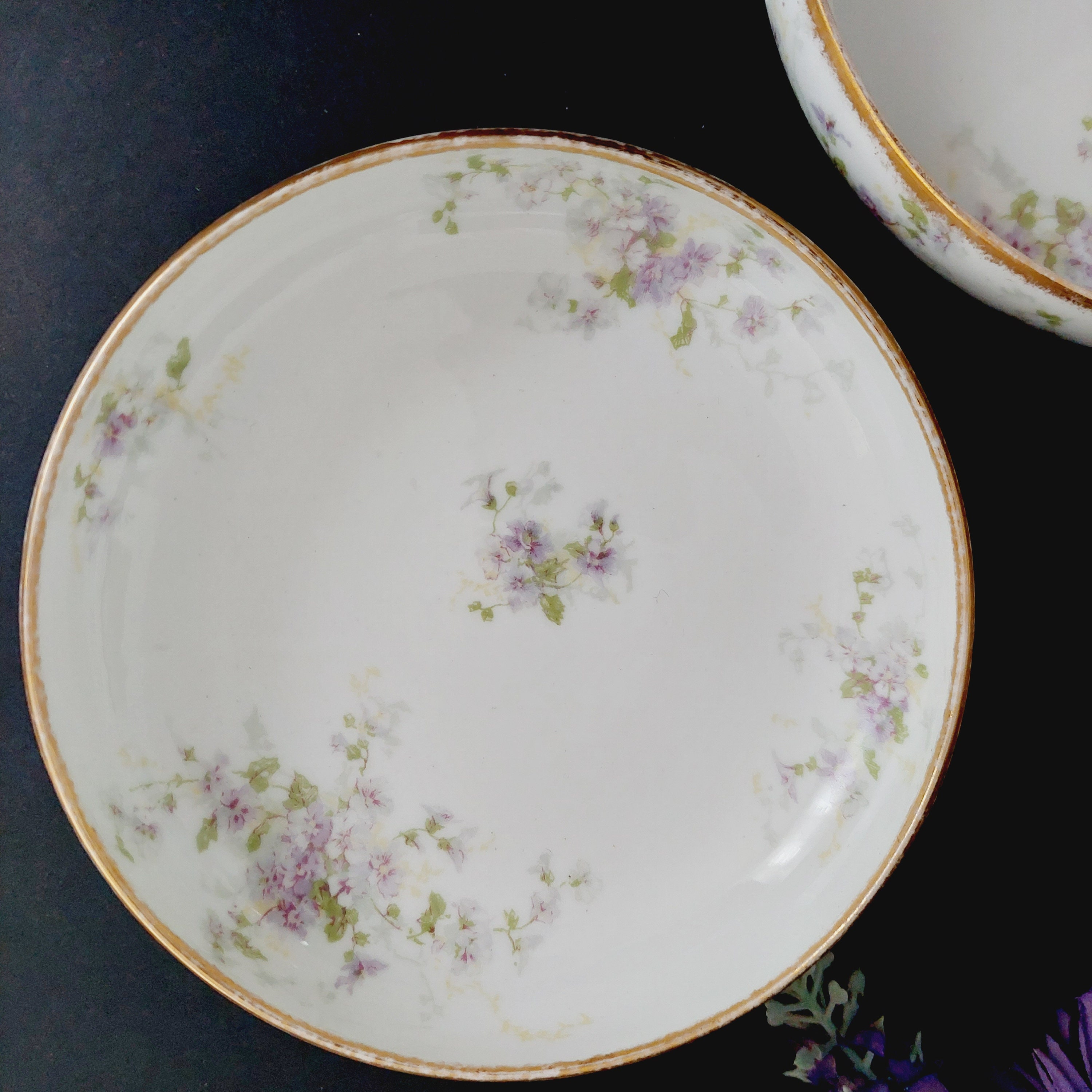 Limoges Porcelain Footed Dessert Bowls, Set of 2, Purple Flowers, GDA
