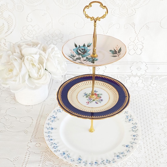 3-Tier Bone China Tiered Serving Stand Vintage English Plates Bridal Shower Hostess Gift