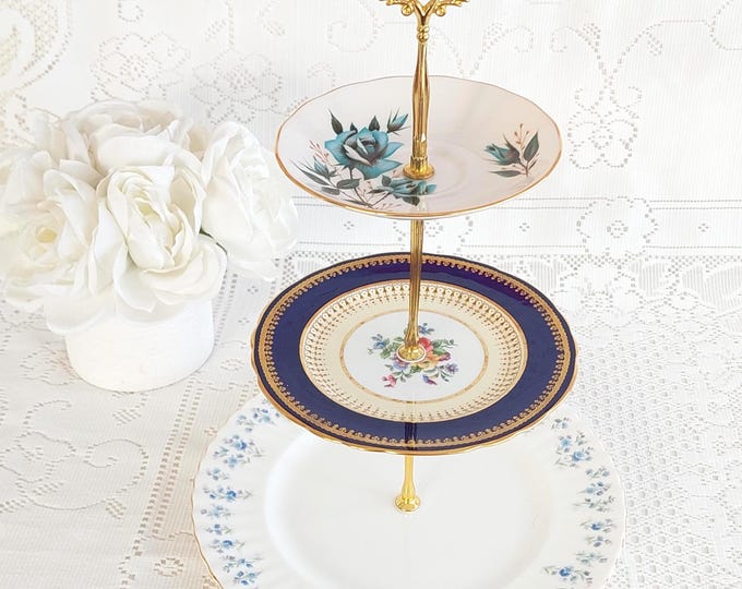 3-Tier Bone China Tiered Serving Stand Vintage English Plates Bridal Shower Hostess Gift