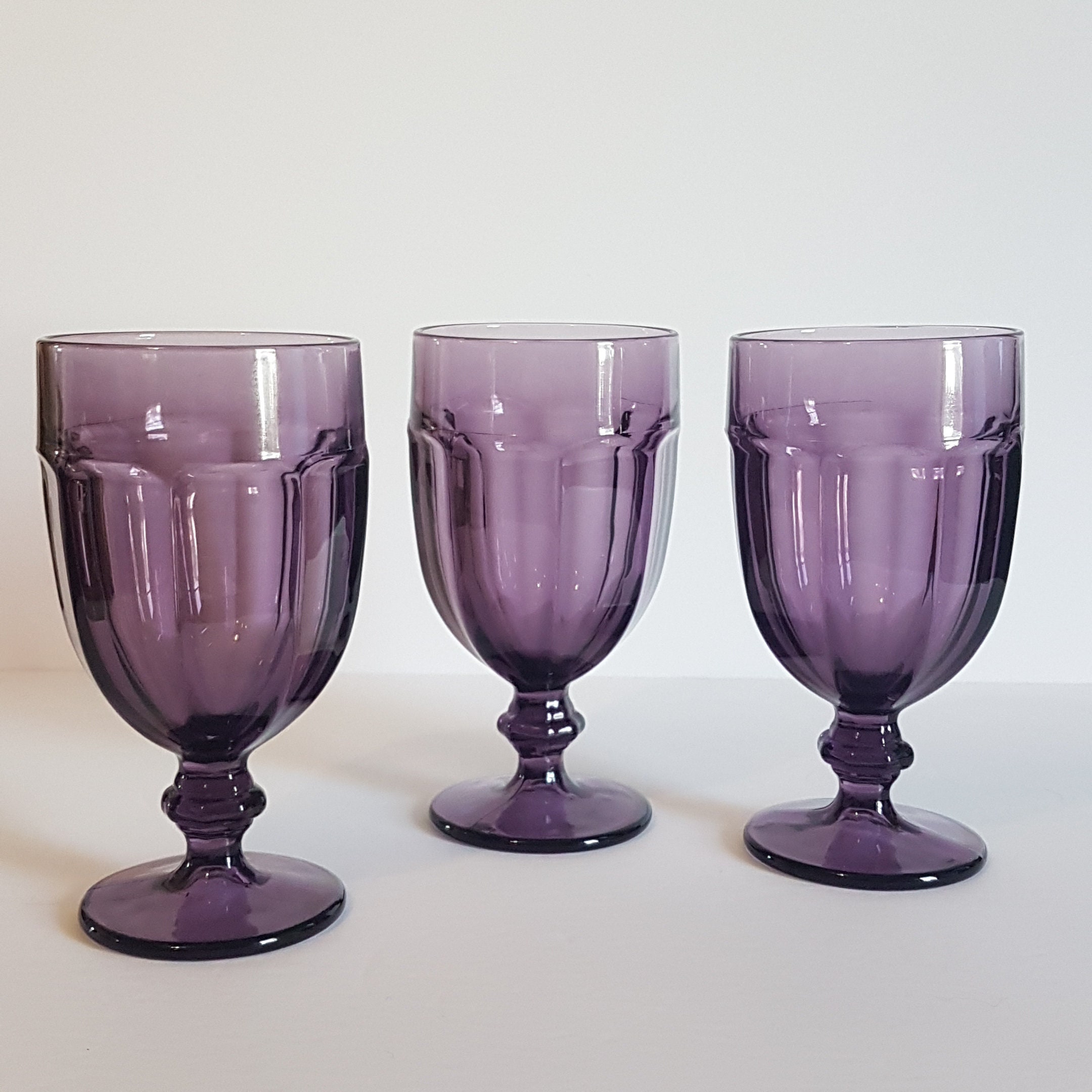 Set of 3 Purple Libbey Gibraltar Violet Duratuff Goblets, 16 oz Dark