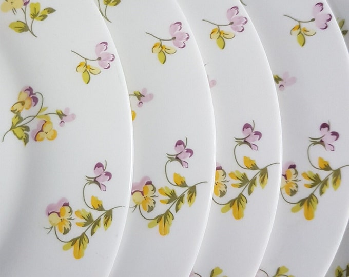 Milk Glass Dinner Plates, 10.75 inch, Martha Stewart Everyday Yellow Purple Violets, MTW27, Modern Dinnerware, Microwave Dishwasher Safe