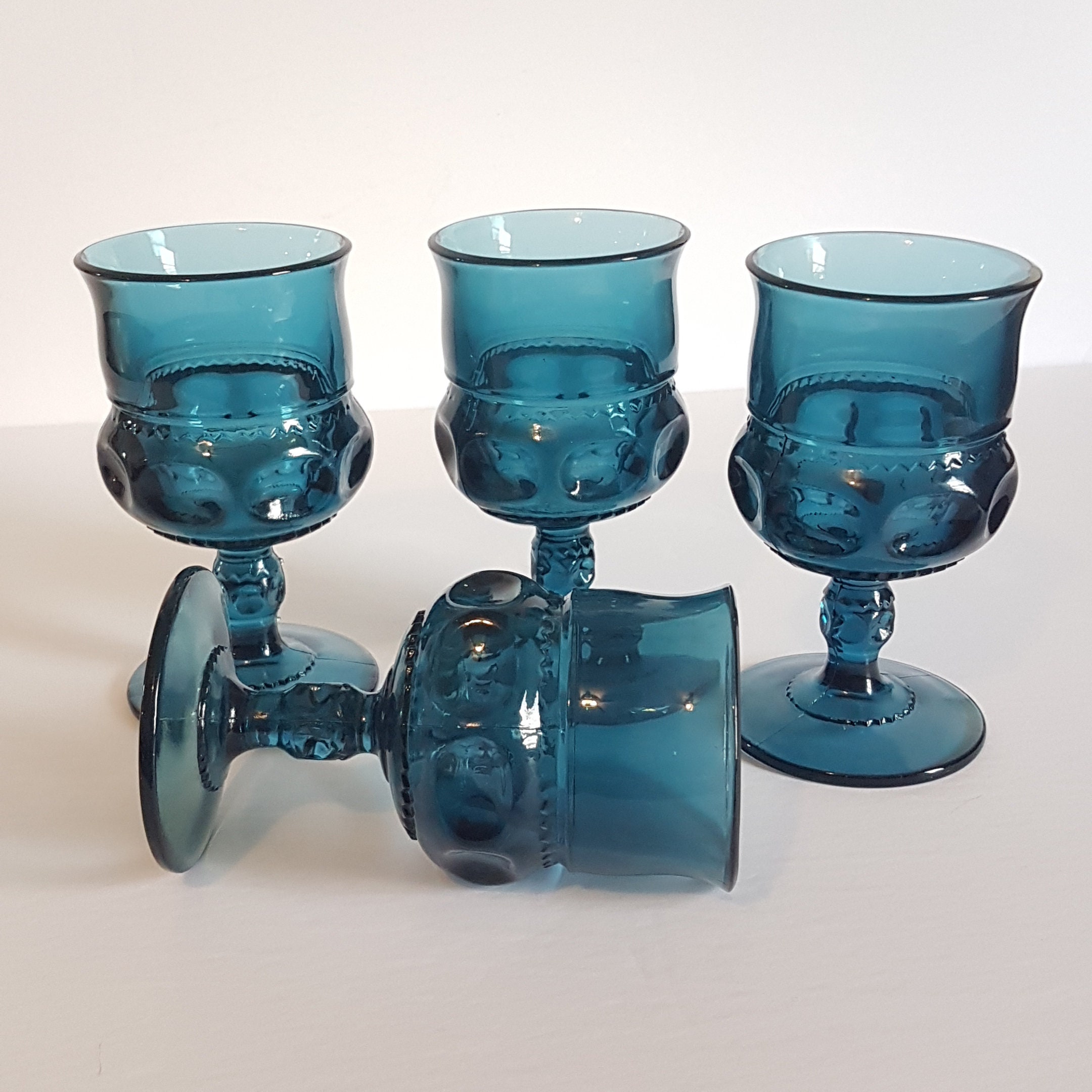 Set of 4 Vintage Indiana Glass Kings Crown, Blue Wine Glass, Blue