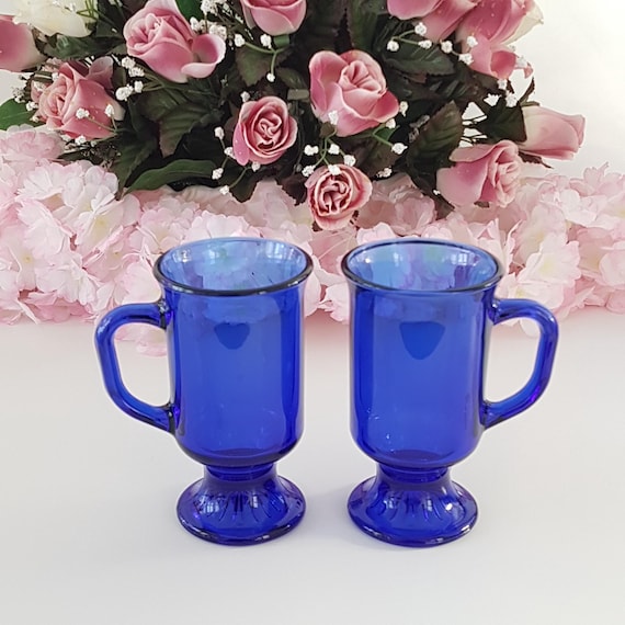 Vintage Anchor Hocking Cobalt Blue Irish Coffee Glasses 2pc Pedestal Set USA Made