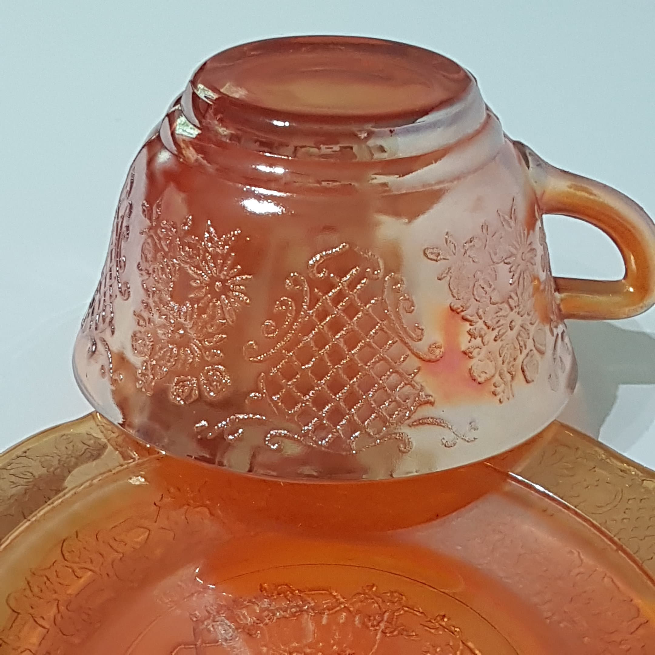 Federal Glass NORMANDIE Marigold Iridescent Carnival Glass Tea Cup and