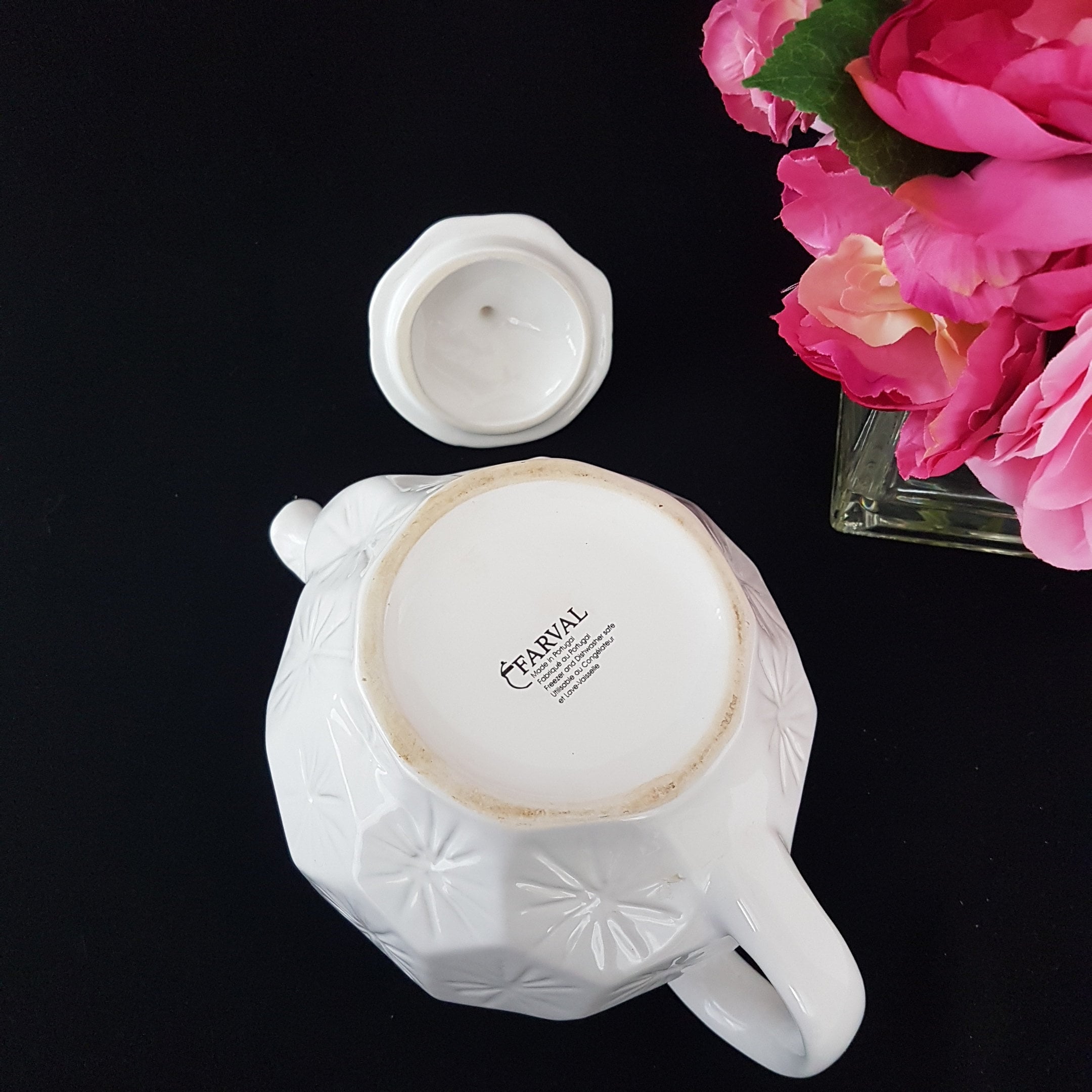 Vintage White Farval Portuguese Pottery, 4 Cup Teapot, Made in Portugal