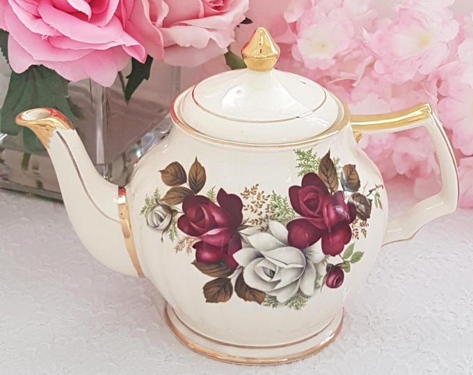 MCM Sadler Teapot White & Red Roses, 5 Cup, 1950s English Pottery, Tea Lover's Gift