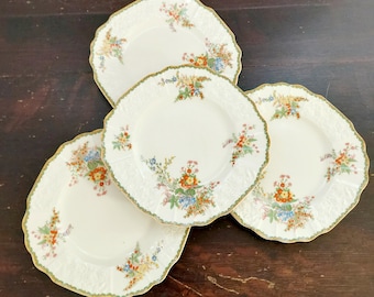 Vintage Myott Devon Floral Dessert Plates Set - 1930s Staffordshire England Art Deco Square Dinnerware
