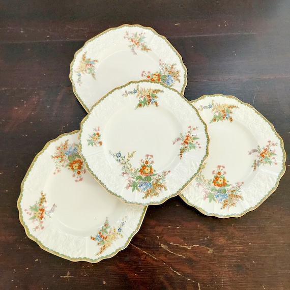 Vintage Myott Devon Floral Dessert Plates Set - 1930s Staffordshire England Art Deco Square Dinnerware