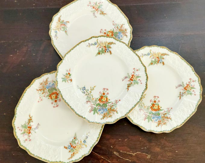 Vintage Myott Devon Floral Dessert Plates Set - 1930s Staffordshire England Art Deco Square Dinnerware