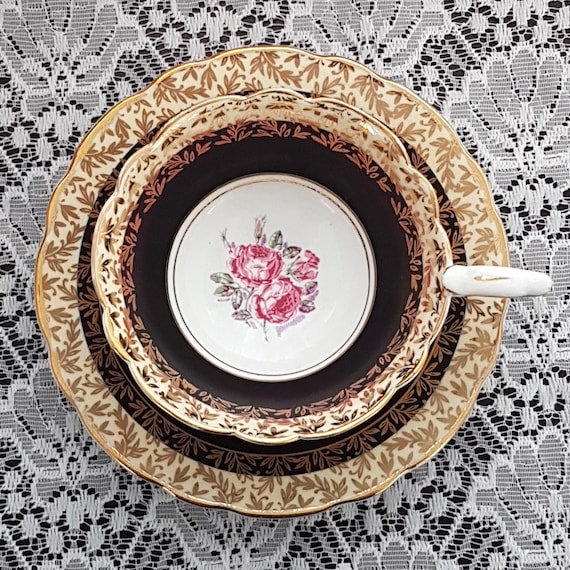 Black Bone China Tea Cup & Saucer, Royal Stafford, Vintage Mid Century England