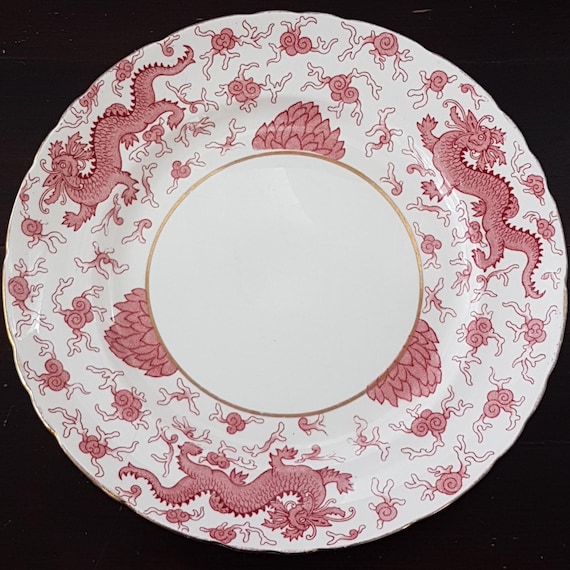 Delphine Bone China 1930s Chinese Dragon Red Transferware Dinner Plate England JH Middleton