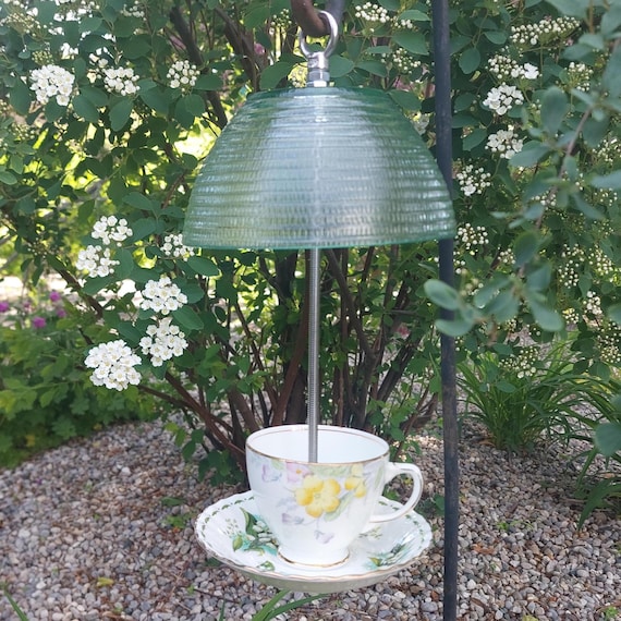 Handcrafted Vintage Teacup Bird Feeder with Stainless Steel Hardware and Glass Rain Guard Canopy
