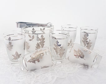 Libbey Silver Oak Leaf 6 Glass Tumbler Set with Matching Ice Bucket and Ice Tongs, Vintage Bar Cart