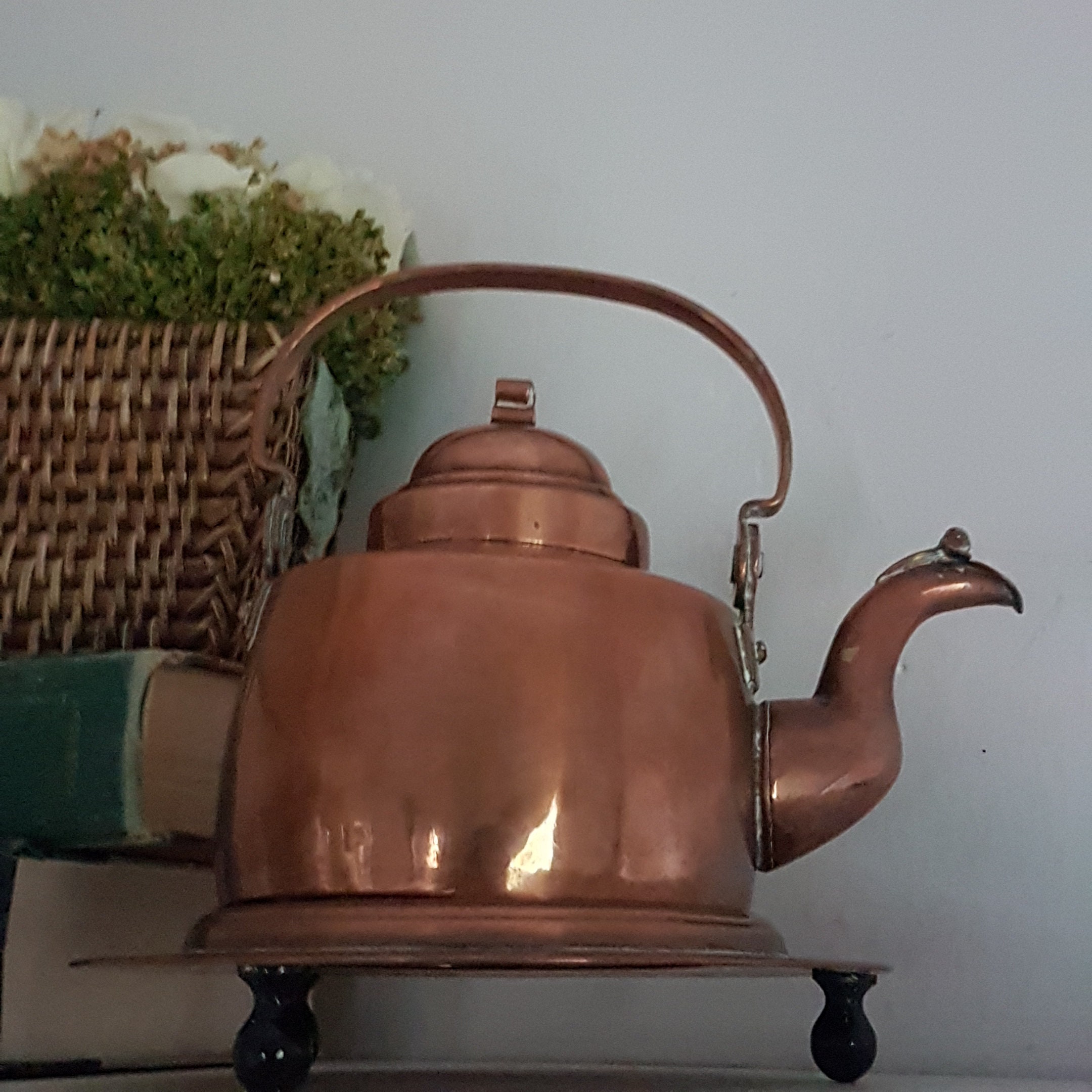 Vintage Copper Stovetop Tea Kettle with Copper Stand, Hinged Spout Lid, 3.5 Cup Capacity