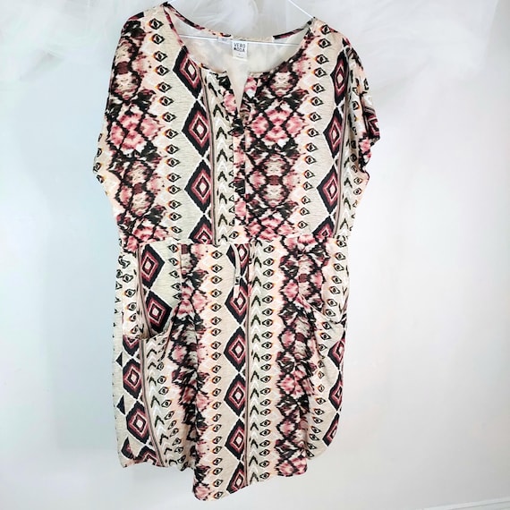 Vero Moda Geometric Ikat Print Dress - Boho Tribal Button-Front Shift Dress with Pockets, Drawstring Waist - Pink, Black & Cream