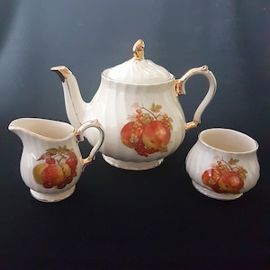 Vintage 1950s Sadler Teapot Set with Fruit Design, English Pottery Creamer and Sugar Bowl