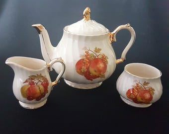Vintage 1950s Sadler Teapot Set with Fruit Design - Cream and Sugar Bowl Included