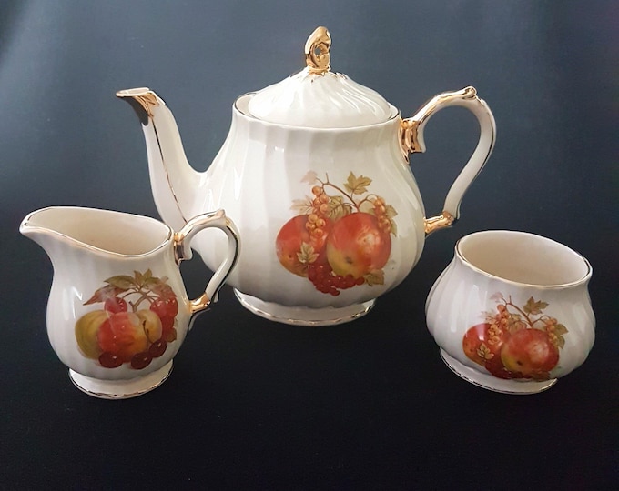Sadler England Teapot Cream Sugar, Vintage Sadler Tea Set, Apples, Berries, Cherries, Swirled, Made in England, 1950s