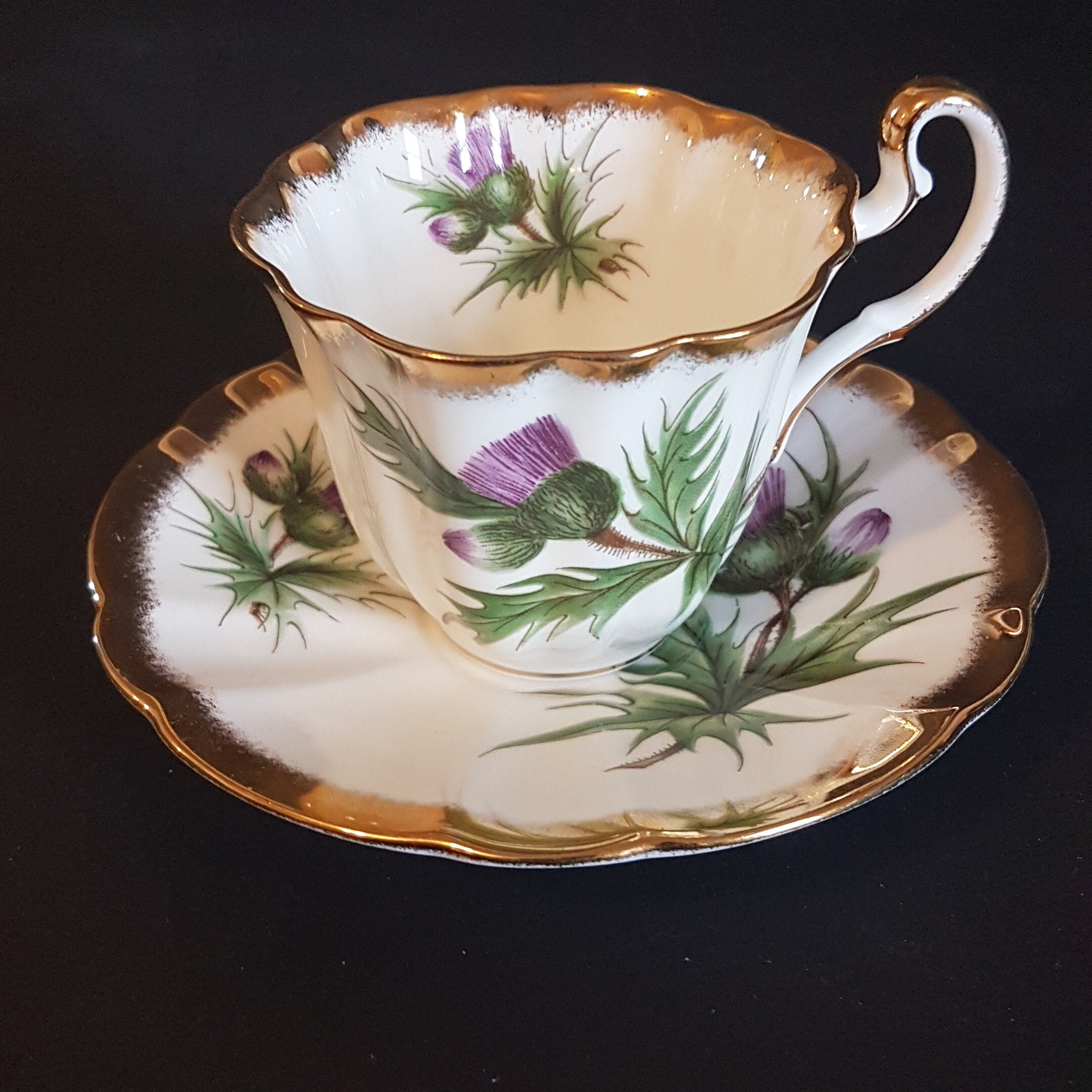 Vintage Adderley Fine Bone China Purple Thistle Tea Cup & Saucer, High Handle, Gold Brushing
