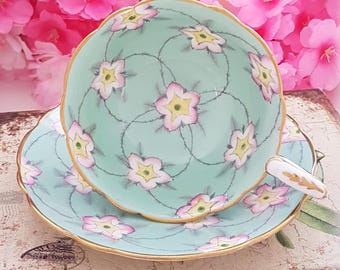 Royal Stafford Bone China Teacup Set: Victorian Floral, Pastel Green