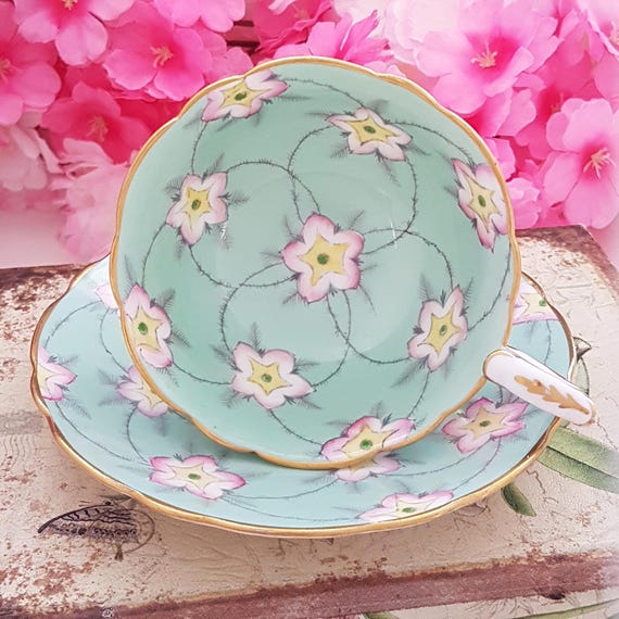 Royal Stafford Bone China Teacup Set: Victorian Floral, Pastel Green