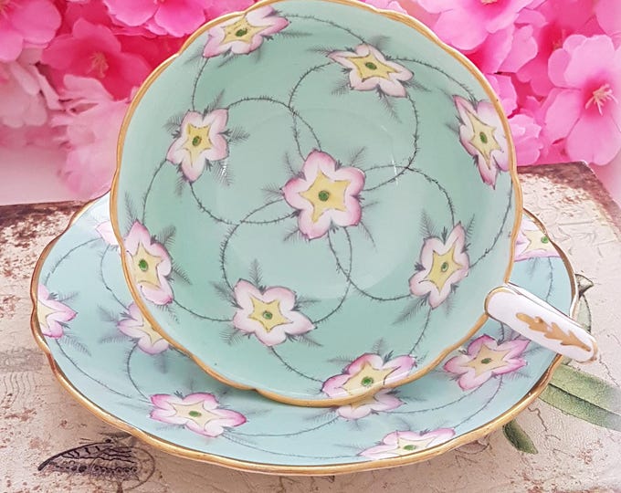 Royal Stafford Bone China Teacup Set: Pastel Floral Wide Mouth Cup & Saucer, English Victorian Style