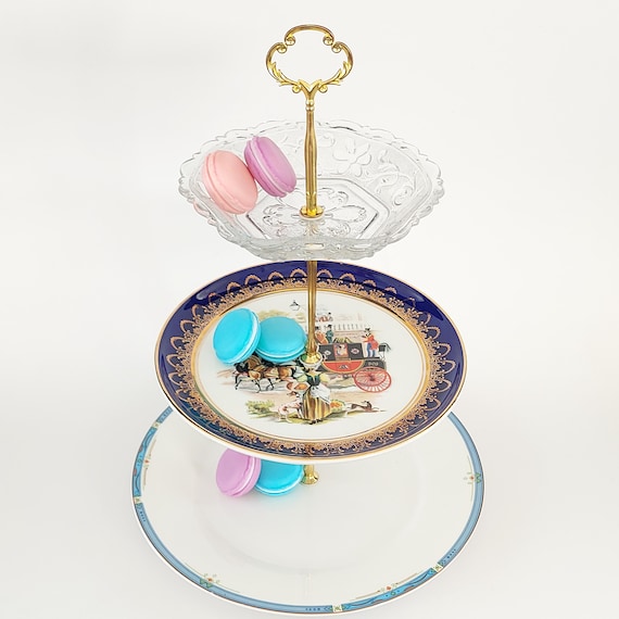 Mismatched Royal Doulton 3-Tier Cake Stand, Cobalt Blue Porcelain Vintage Tea Serving Tray