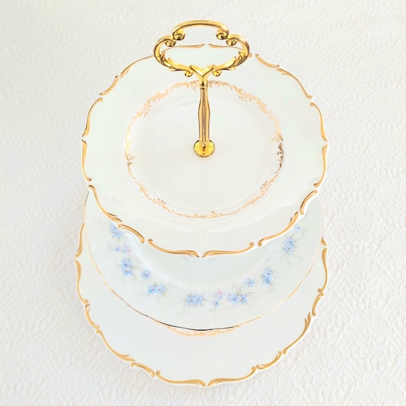 3-Tier Bone China Cake Stand Blue White Gold Floral Serving Tray