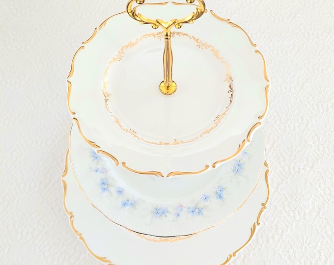 3-Tier Bone China Cake Stand Blue White Gold Floral Serving Tray