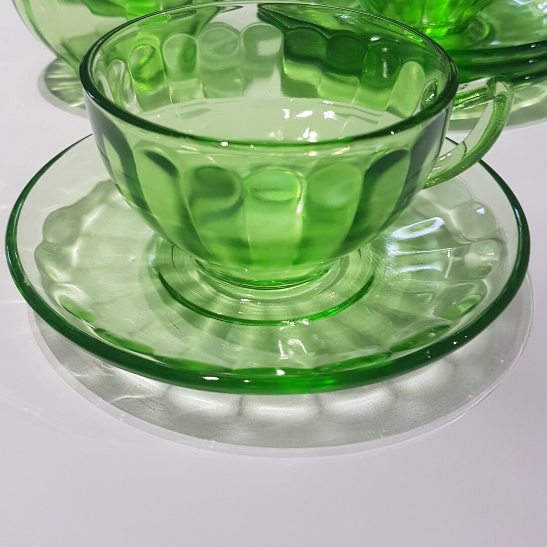 Federal Glass Optic Green Depression Glass Tea Cup & Saucer Etsy