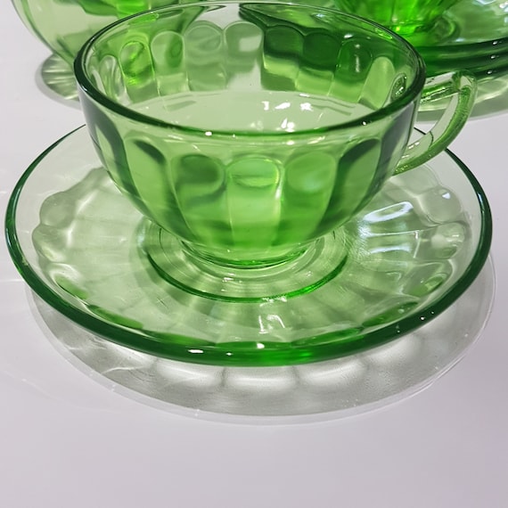 Uranium Glass 1930s Federal Glass Green Depression Tea Cup Saucer Set of 4