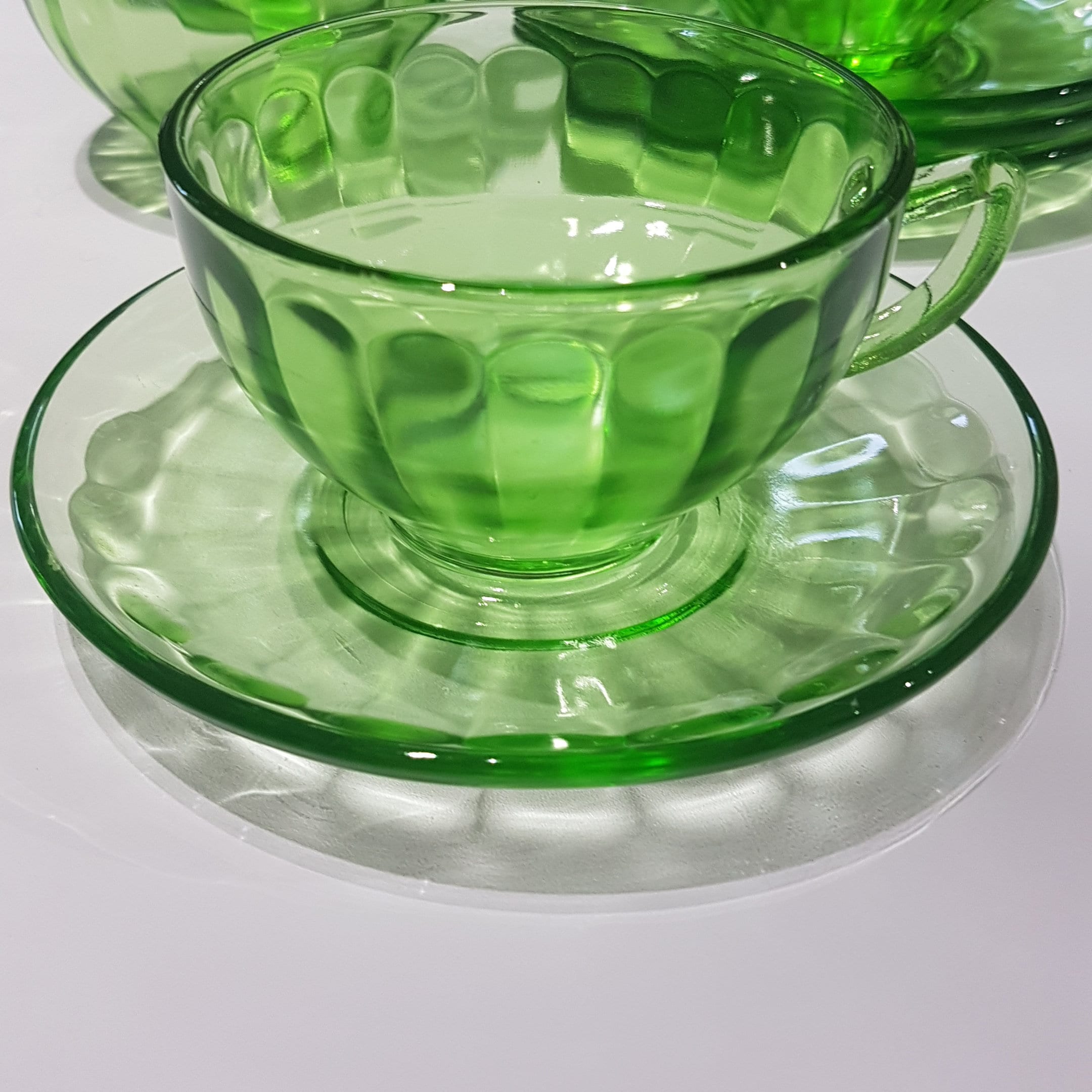Federal Glass Optic Green Depression Glass, Tea Cup & Saucer Set for 4,  Collectible Glass, Gift for Her, 1930's 
