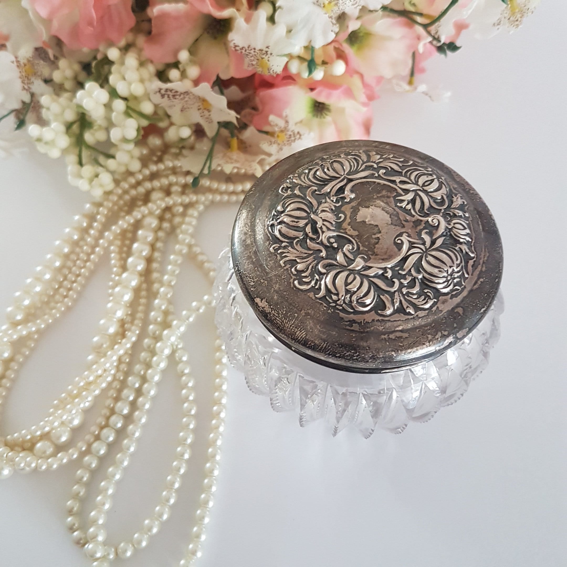 Vintage Round Glass Vanity Jar with Silverplate Lid, Trinket Jar