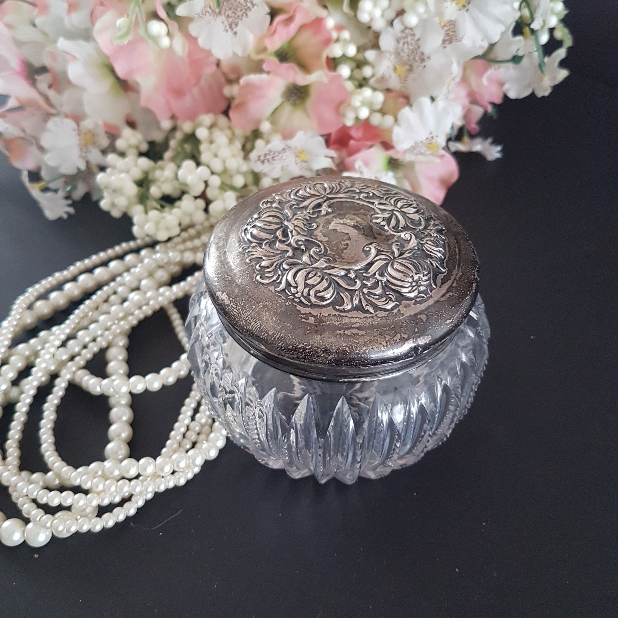 Vintage Round Glass Vanity Jar with Silverplate Lid, Trinket Jar, Floral Embossed Removable Lid