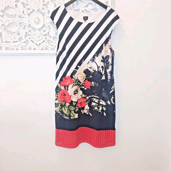 Vintage Floral Striped Shift Dress, Sleeveless Plus Size XXL