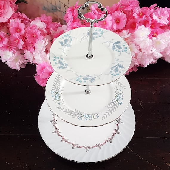 Handmade Bone China 3-Tier Cake Stand: Gray & Silver Vintage English Plates