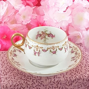 Vintage Limoges Tea Cup & Saucer Set: Pink Roses, Early 1900s French Porcelain