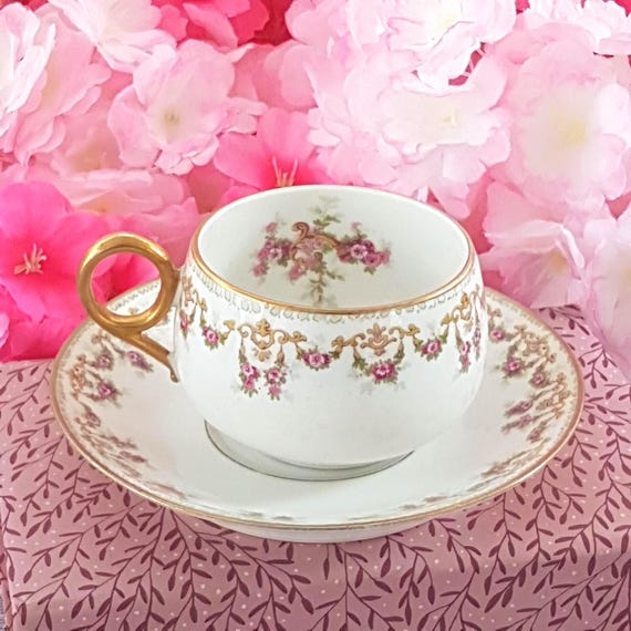 Vintage Limoges Tea Cup & Saucer Set: Pink Roses, Early 1900s French Porcelain