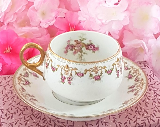Vintage Limoges Tea Cup & Saucer Set: Pink Roses, Early 1900s French Porcelain