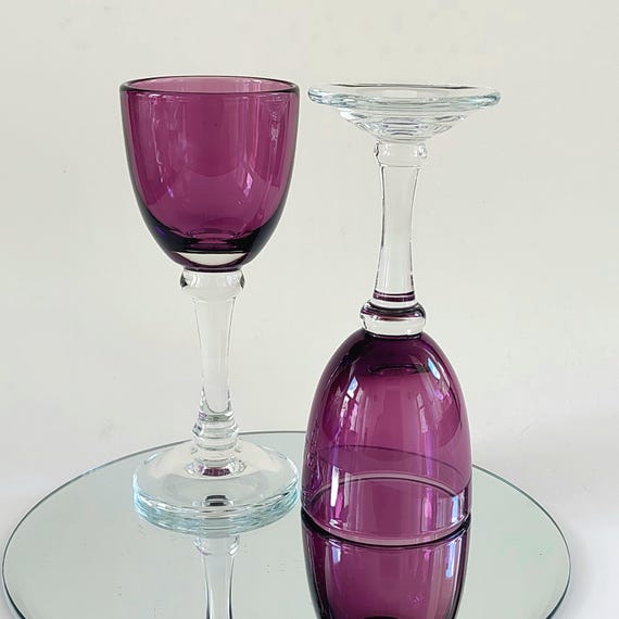 Vintage Amethyst Purple Bowl Heavy Clear Solid Tiered Stem Water Goblets Wine Glasses Pair